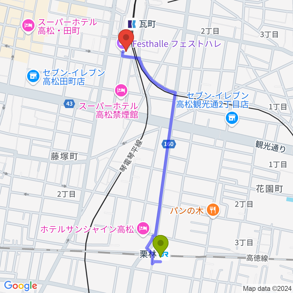 栗林駅から高松フェストハレへのルートマップ地図