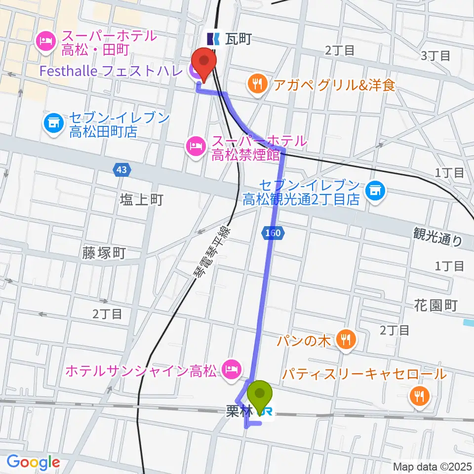 栗林駅から高松フェストハレへのルートマップ地図