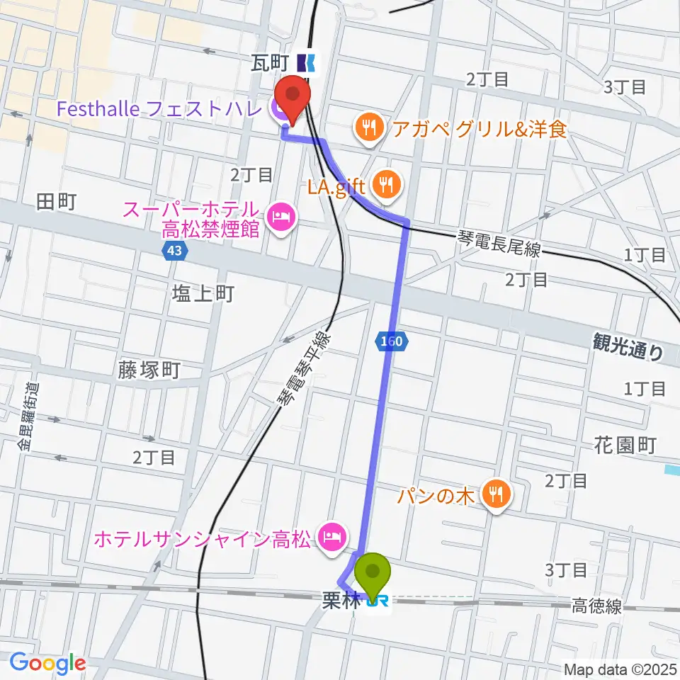 栗林駅から高松フェストハレへのルートマップ地図
