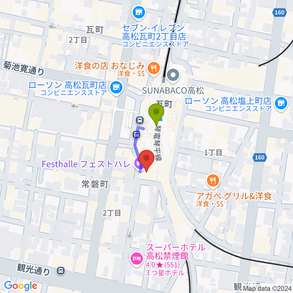 高松フェストハレの最寄駅瓦町駅からの徒歩ルート（約1分）地図