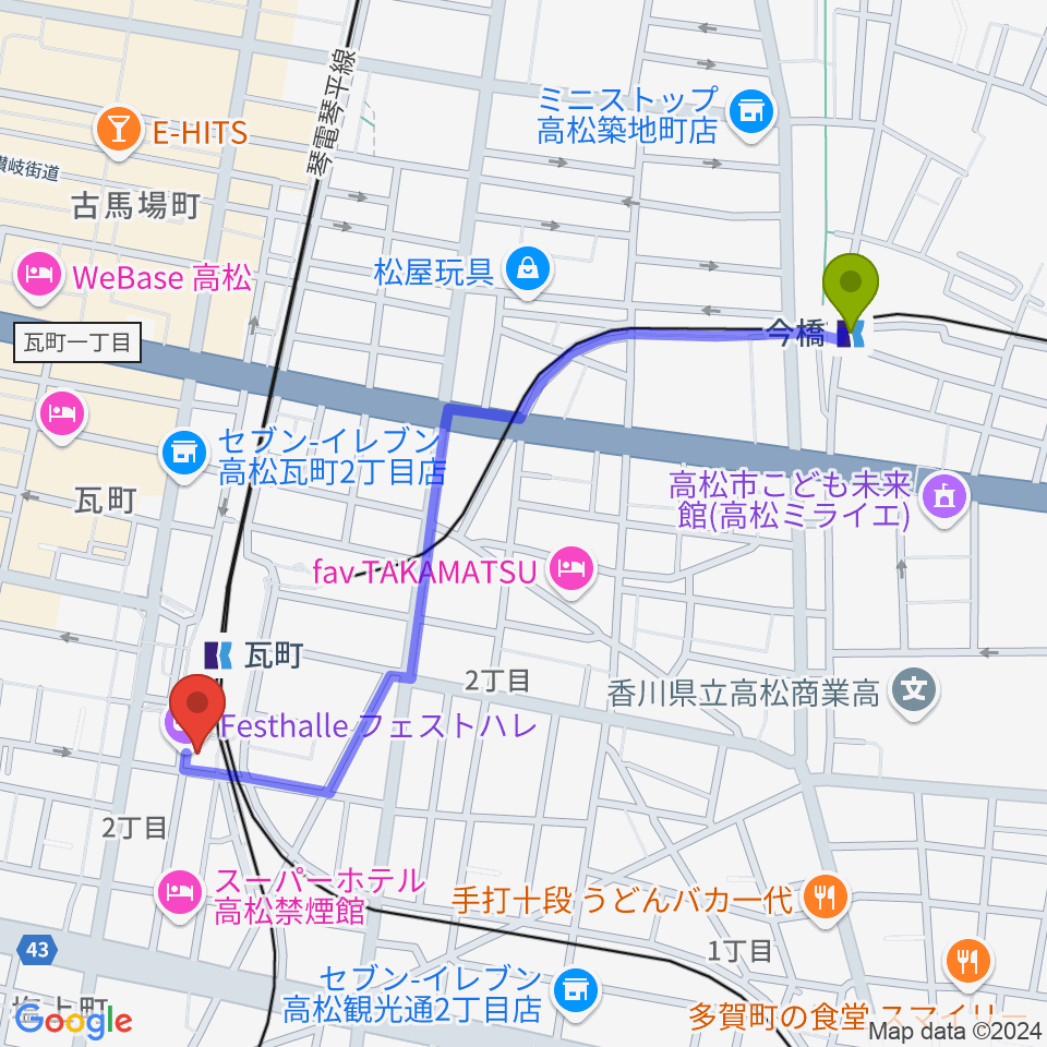 今橋駅から高松フェストハレへのルートマップ地図