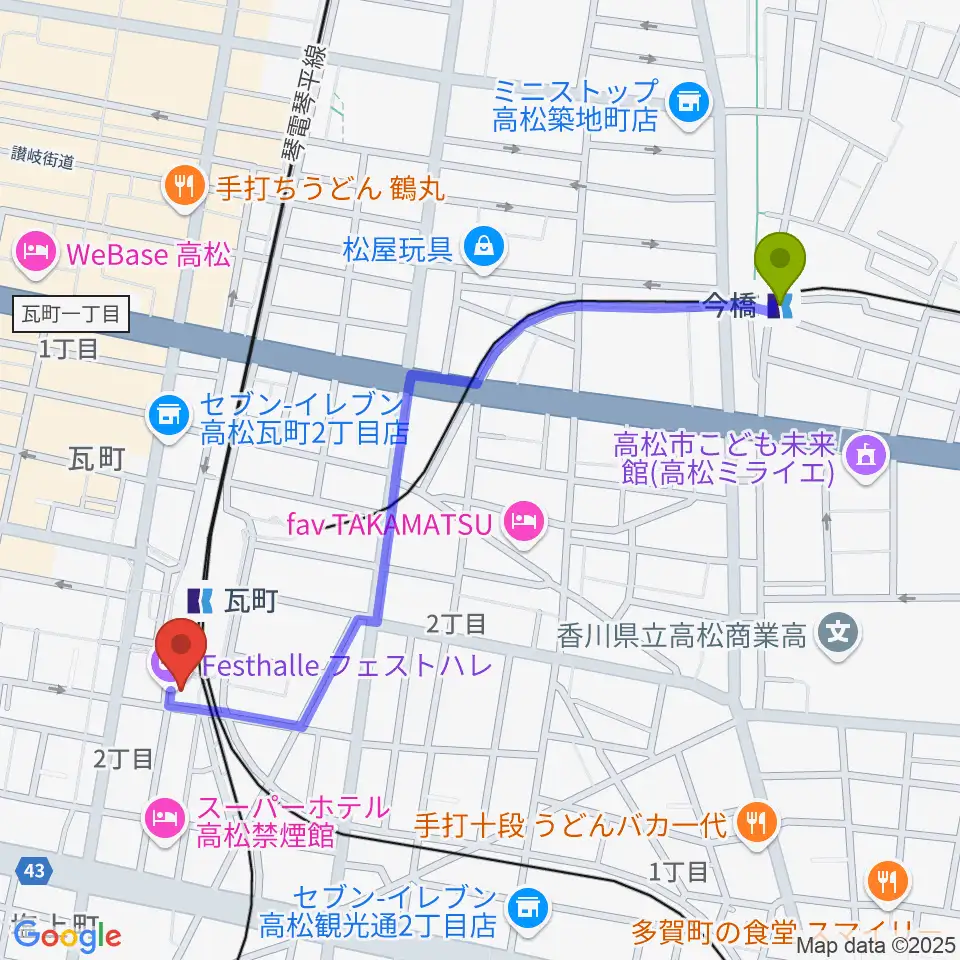 今橋駅から高松フェストハレへのルートマップ地図