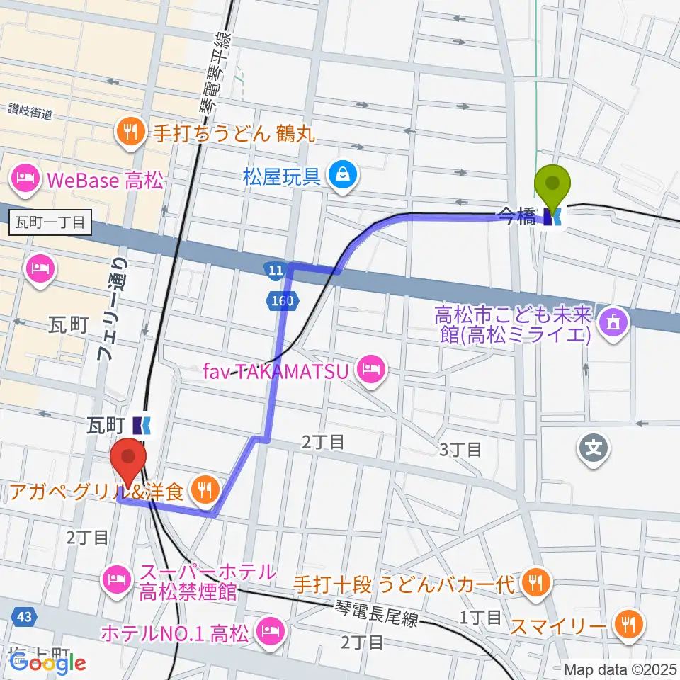 今橋駅から高松フェストハレへのルートマップ地図