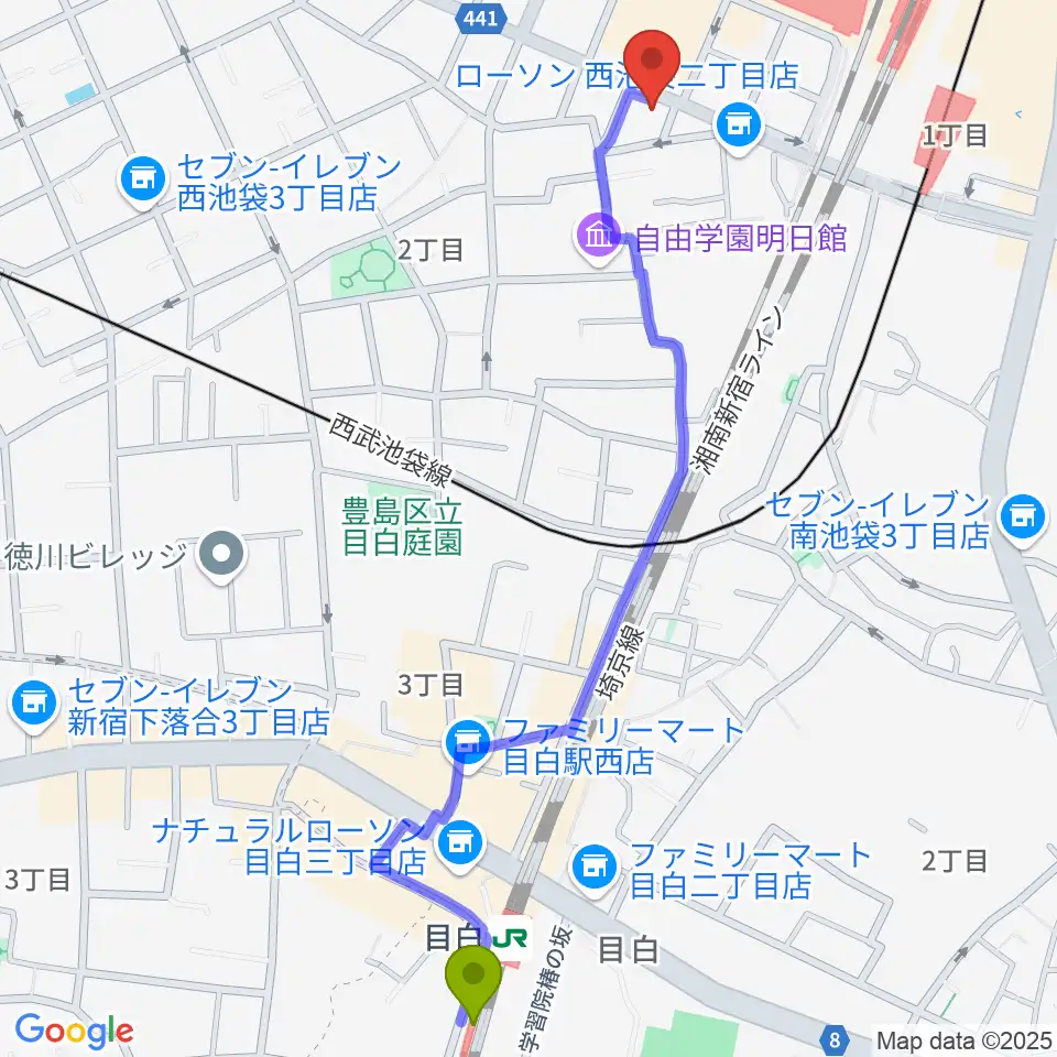 目白駅から池袋Hoteyesへのルートマップ地図