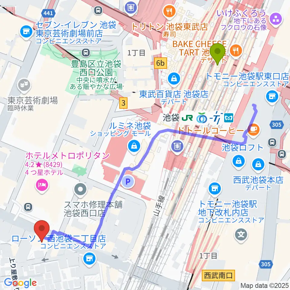 池袋Hoteyesの最寄駅池袋駅からの徒歩ルート（約7分）地図