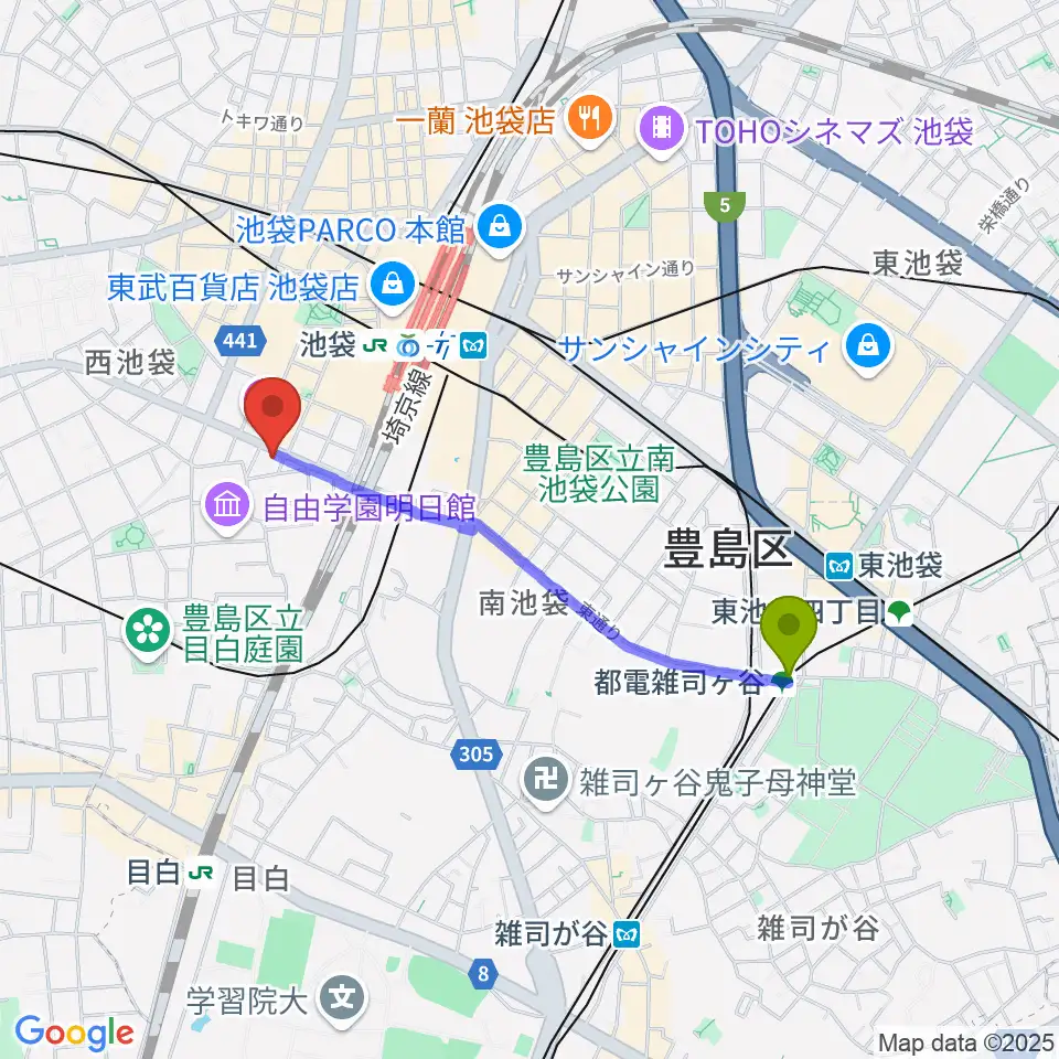都電雑司ヶ谷駅から池袋Hoteyesへのルートマップ地図