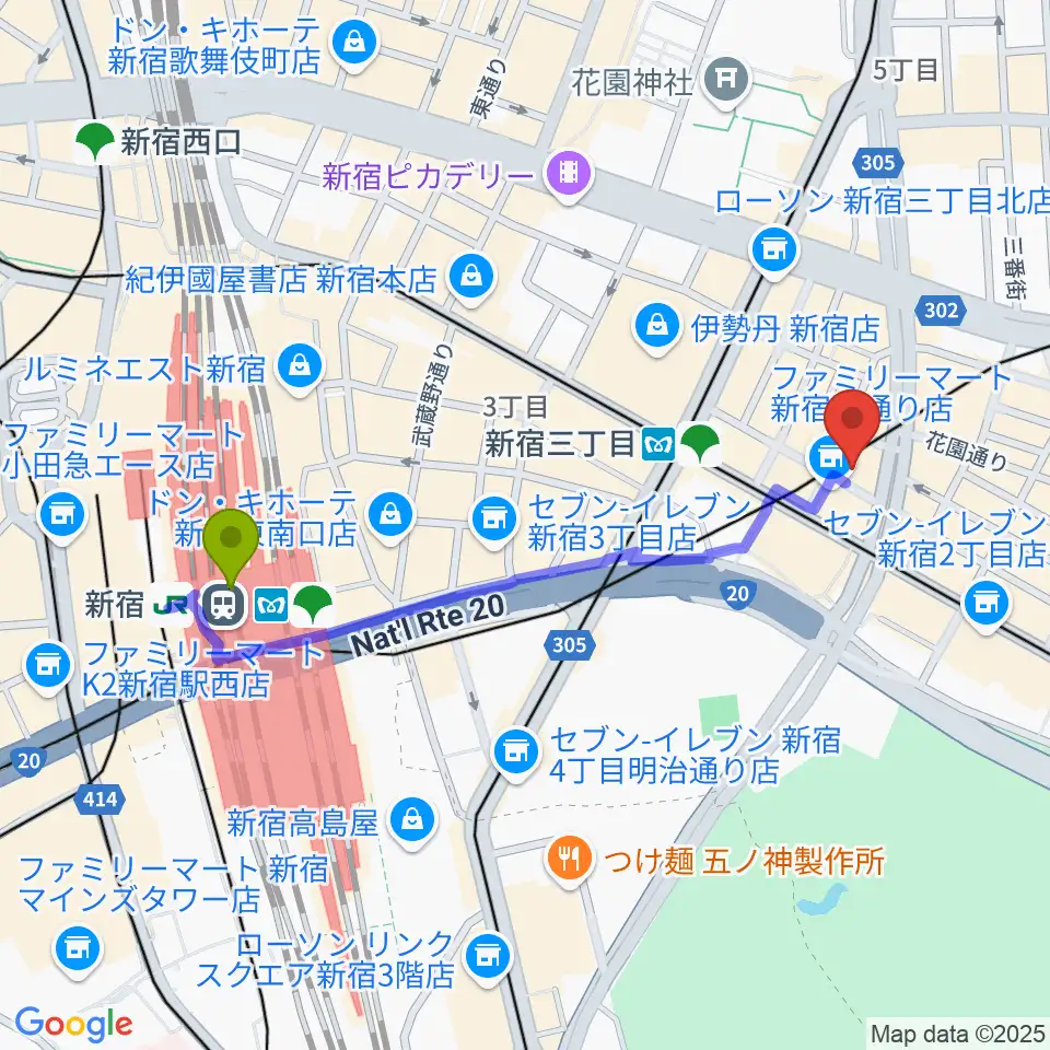 新宿駅からJazz PolkaDotsへのルートマップ地図