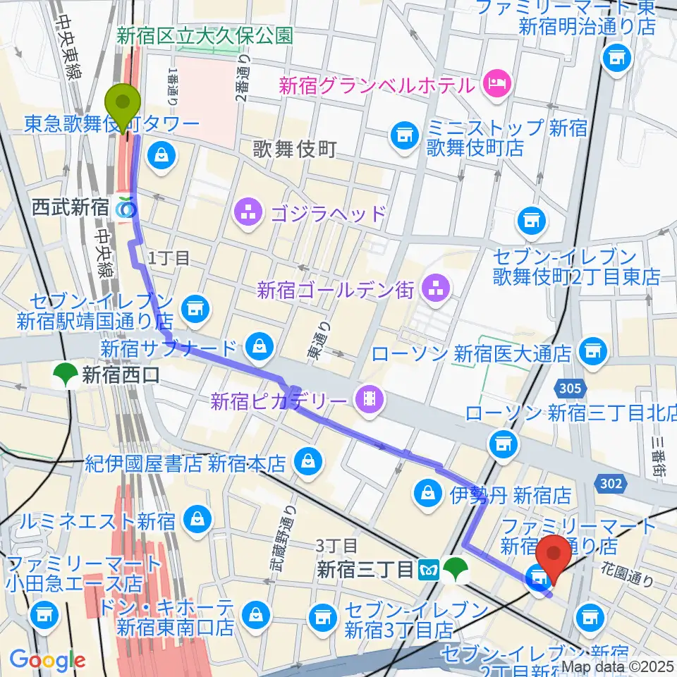 西武新宿駅からJazz PolkaDotsへのルートマップ地図