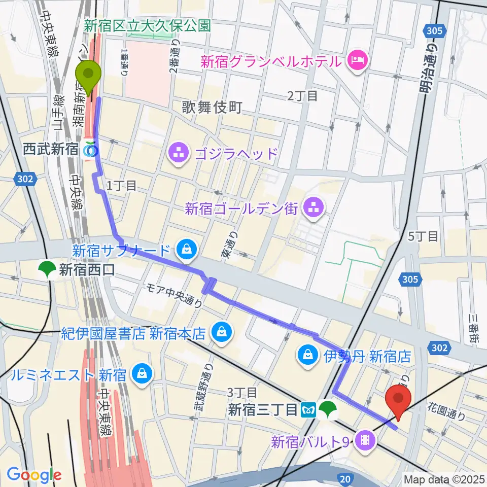 西武新宿駅からJazz PolkaDotsへのルートマップ地図