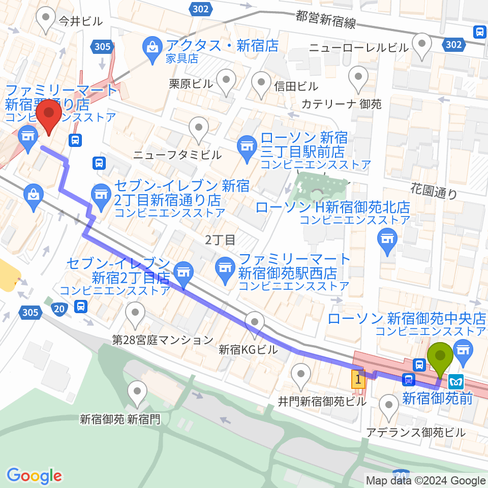 新宿御苑前駅からJazz PolkaDotsへのルートマップ地図