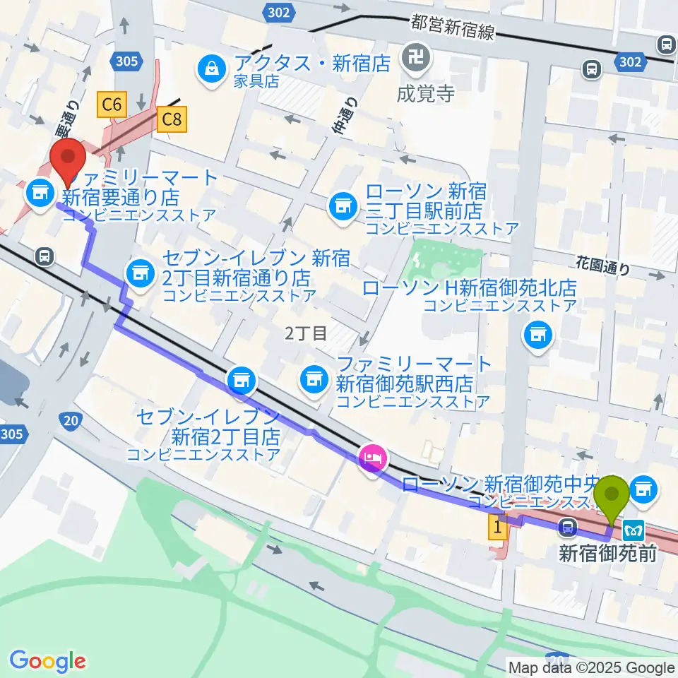 新宿御苑前駅からJazz PolkaDotsへのルートマップ地図
