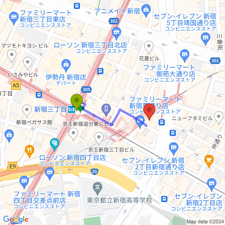 Jazz PolkaDotsの最寄駅新宿三丁目駅からの徒歩ルート（約3分）地図