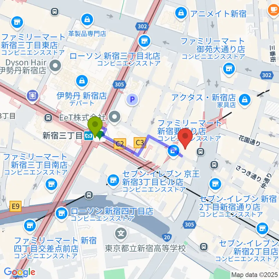 Jazz PolkaDotsの最寄駅新宿三丁目駅からの徒歩ルート（約3分）地図