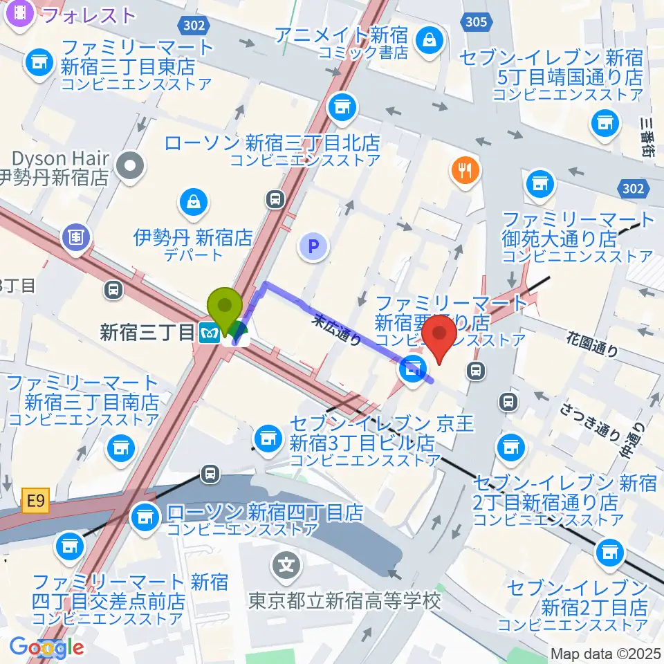 Jazz PolkaDotsの最寄駅新宿三丁目駅からの徒歩ルート（約3分）地図
