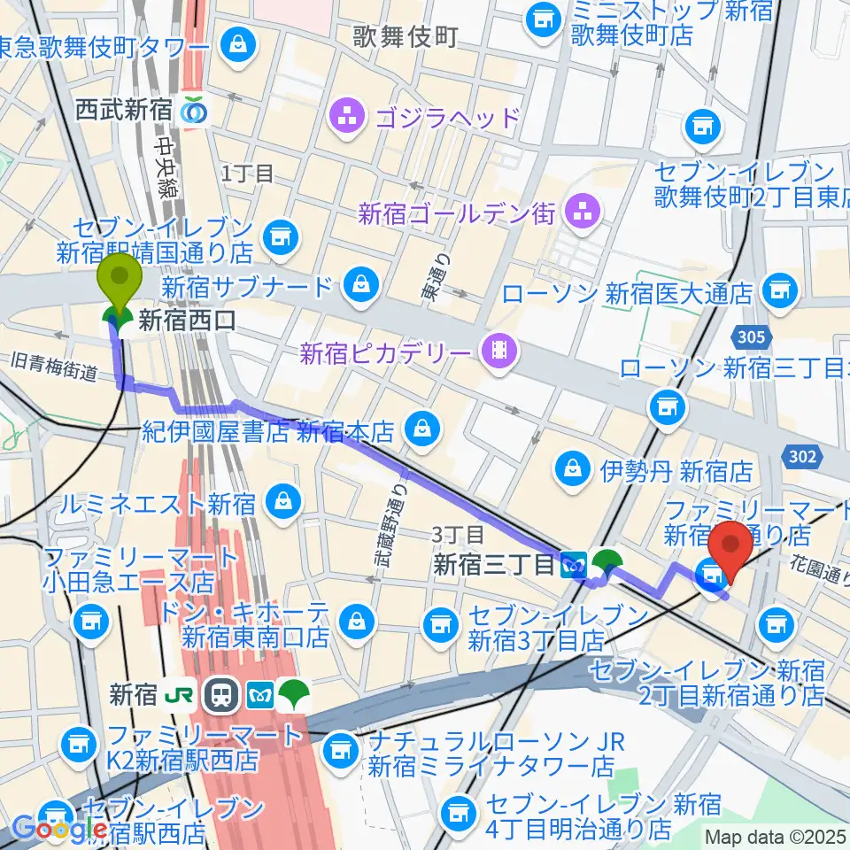 新宿西口駅からJazz PolkaDotsへのルートマップ地図