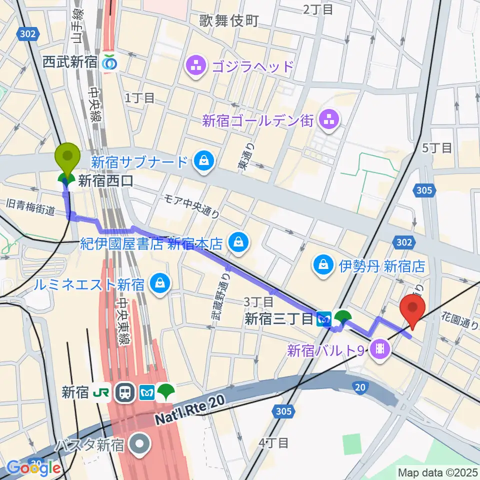 新宿西口駅からJazz PolkaDotsへのルートマップ地図