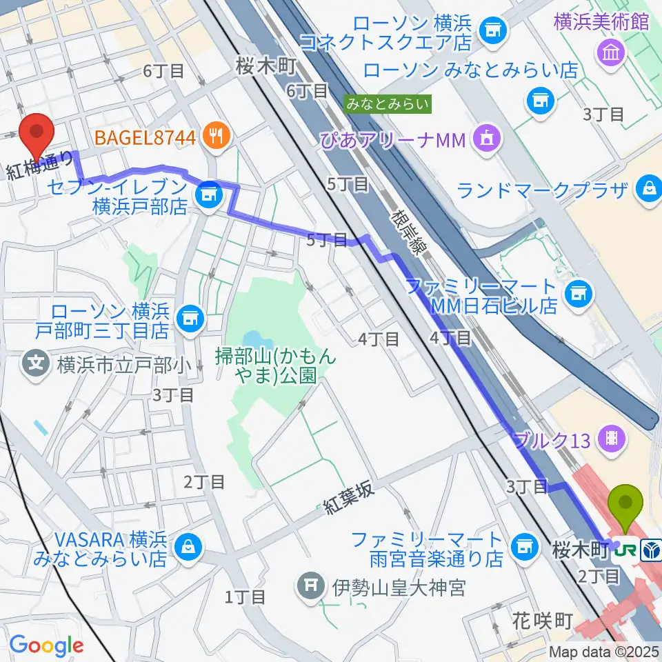 桜木町駅からボヌールサロンへのルートマップ地図