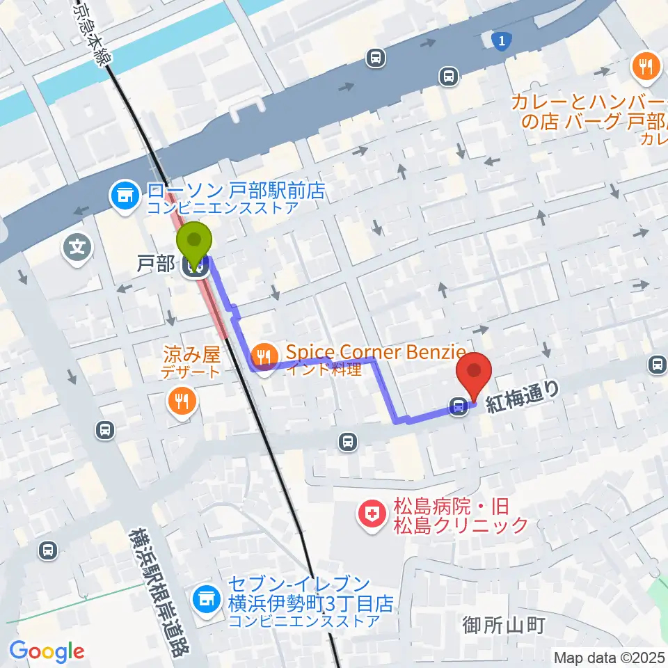 ボヌールサロンの最寄駅戸部駅からの徒歩ルート（約4分）地図