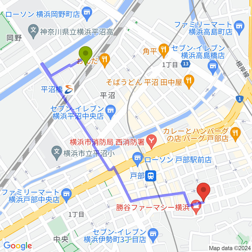 平沼橋駅からボヌールサロンへのルートマップ地図