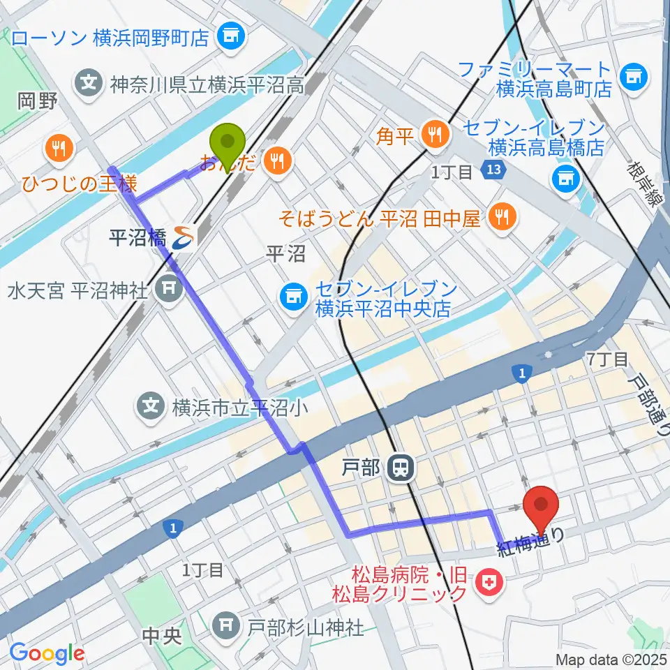 平沼橋駅からボヌールサロンへのルートマップ地図