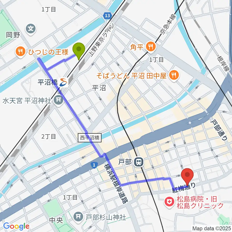 平沼橋駅からボヌールサロンへのルートマップ地図
