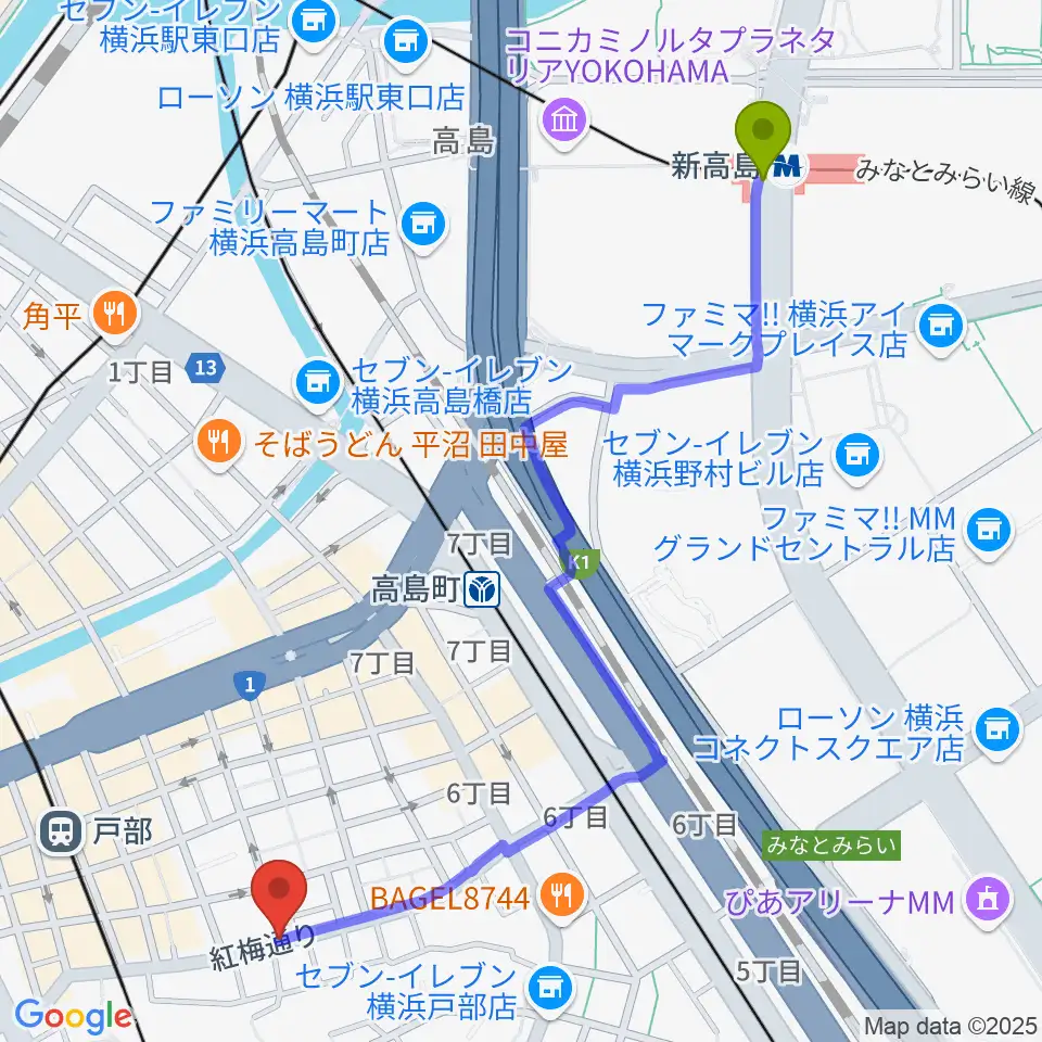 新高島駅からボヌールサロンへのルートマップ地図