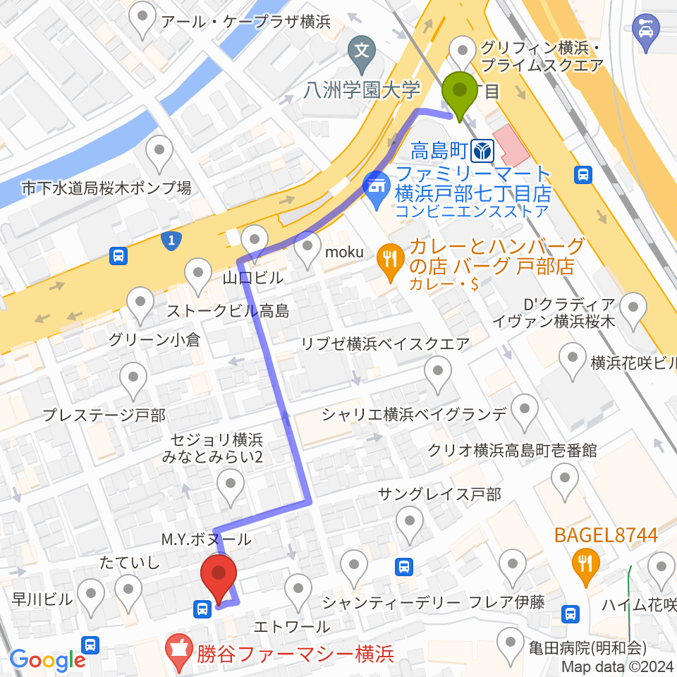 高島町駅からボヌールサロンへのルートマップ地図