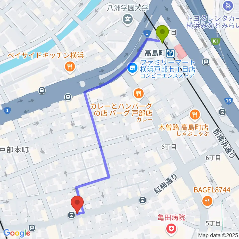 高島町駅からボヌールサロンへのルートマップ地図