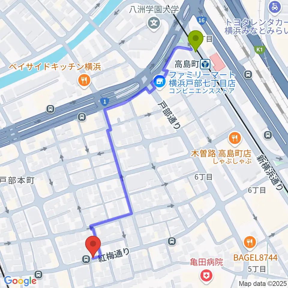 高島町駅からボヌールサロンへのルートマップ地図