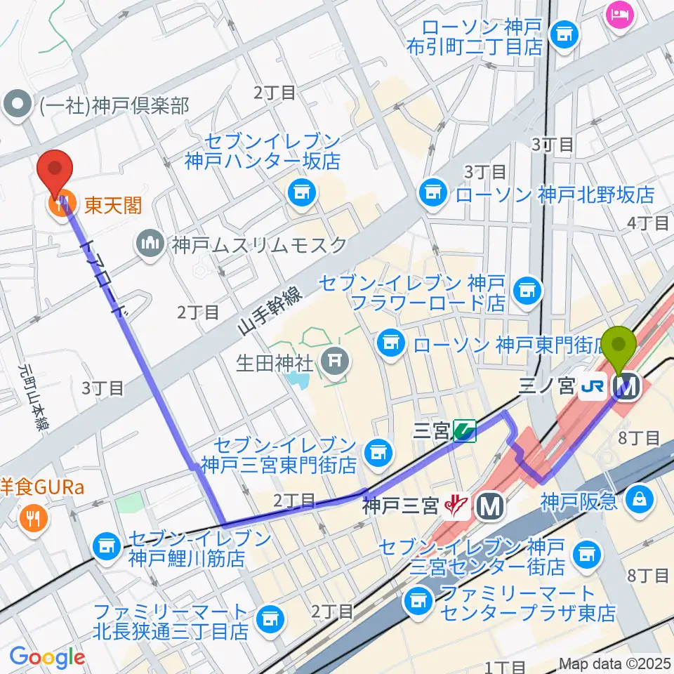 三ノ宮駅から神戸BIG APPLEへのルートマップ地図