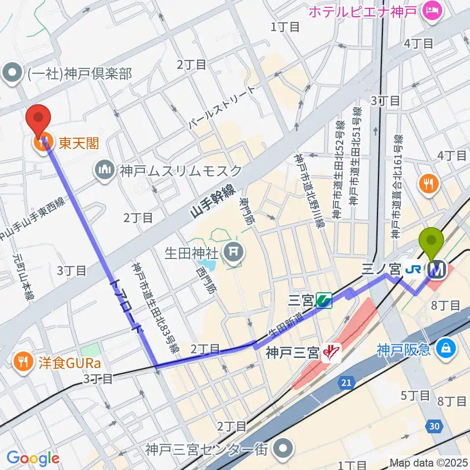 三ノ宮駅から神戸BIG APPLEへのルートマップ地図