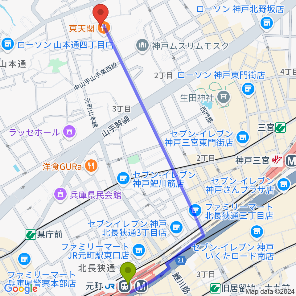 元町駅から神戸BIG APPLEへのルートマップ地図