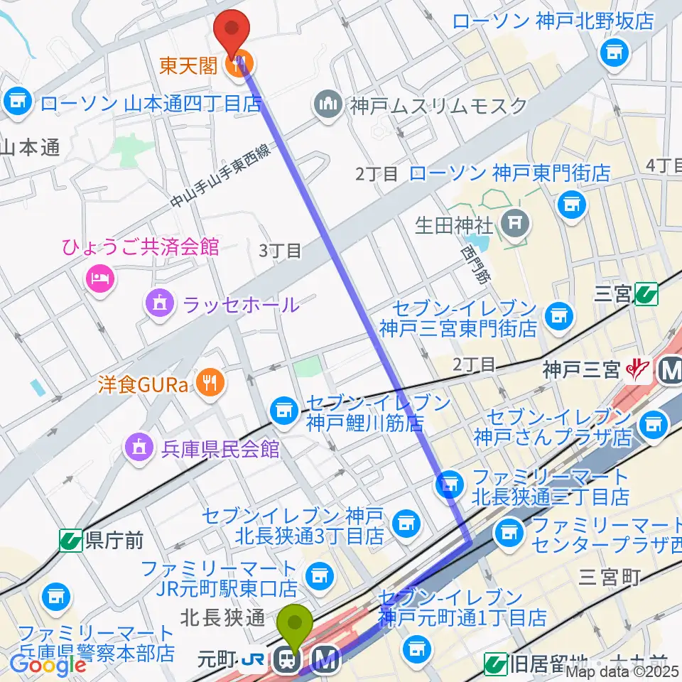 元町駅から神戸BIG APPLEへのルートマップ地図
