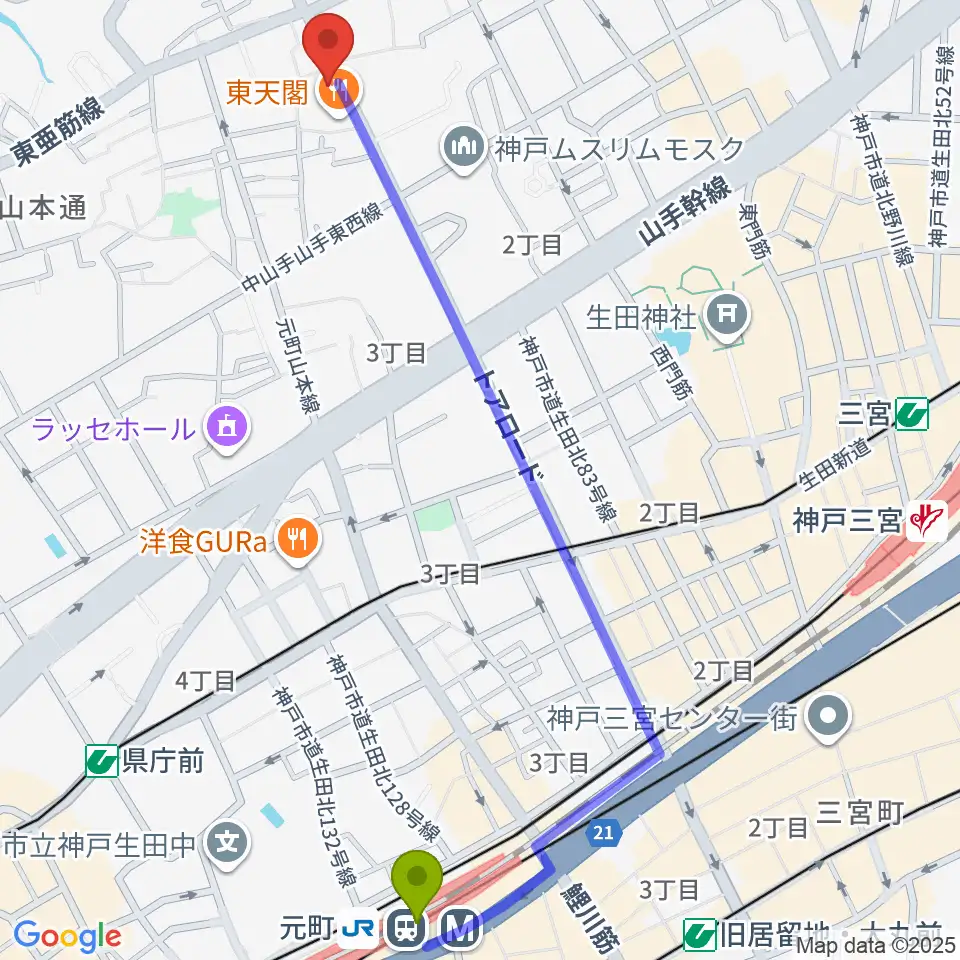 元町駅から神戸BIG APPLEへのルートマップ地図