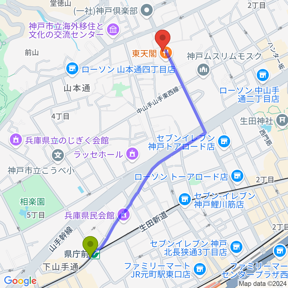 神戸BIG APPLEの最寄駅県庁前駅からの徒歩ルート（約12分）地図