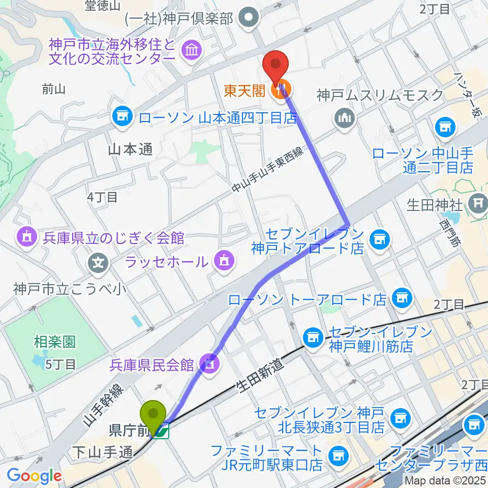 神戸BIG APPLEの最寄駅県庁前駅からの徒歩ルート（約12分）地図