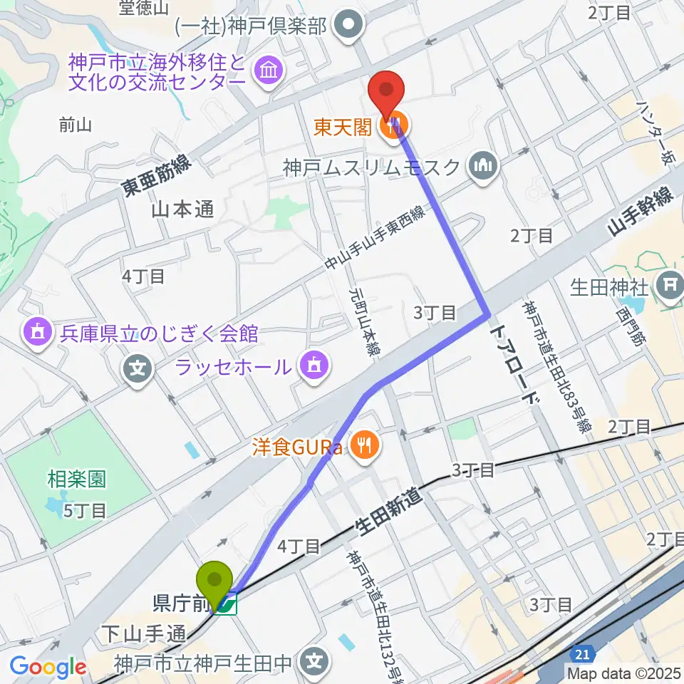神戸BIG APPLEの最寄駅県庁前駅からの徒歩ルート（約12分）地図