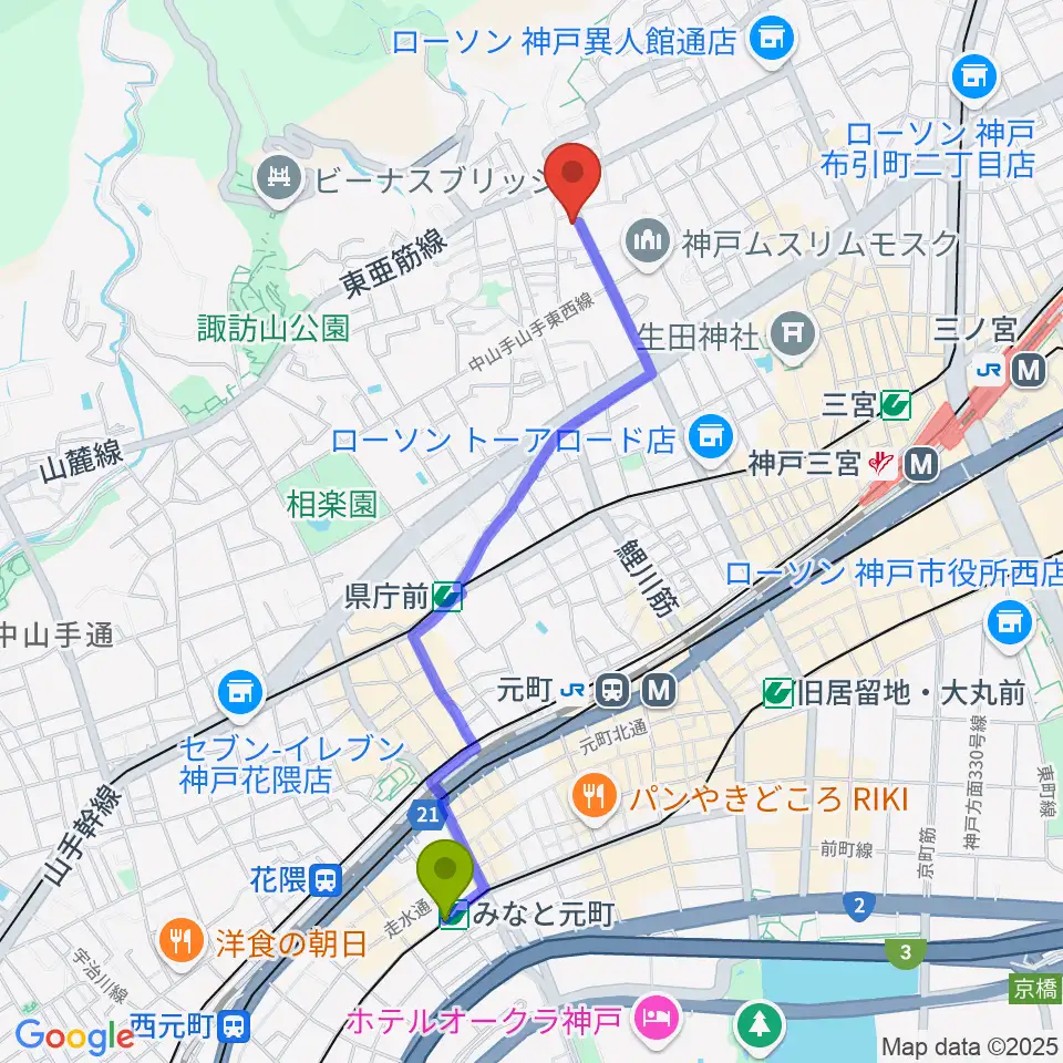 みなと元町駅から神戸BIG APPLEへのルートマップ地図