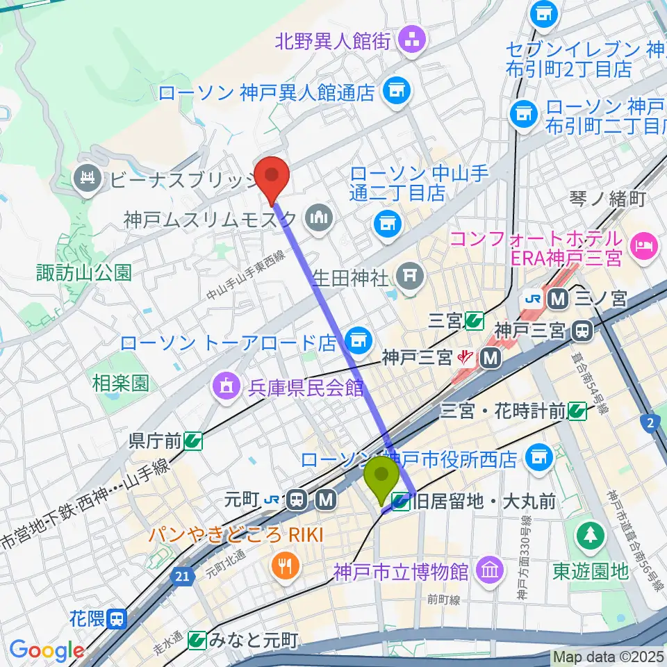 旧居留地・大丸前駅から神戸BIG APPLEへのルートマップ地図