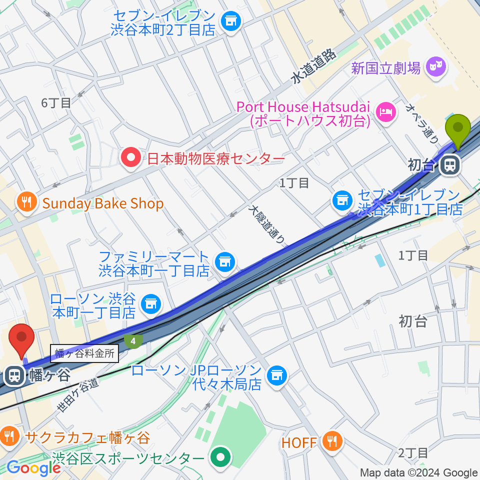 初台駅から幡ヶ谷36°5へのルートマップ地図