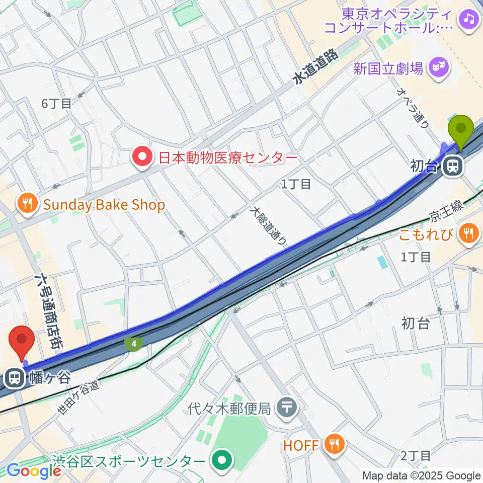 初台駅から幡ヶ谷36°5へのルートマップ地図