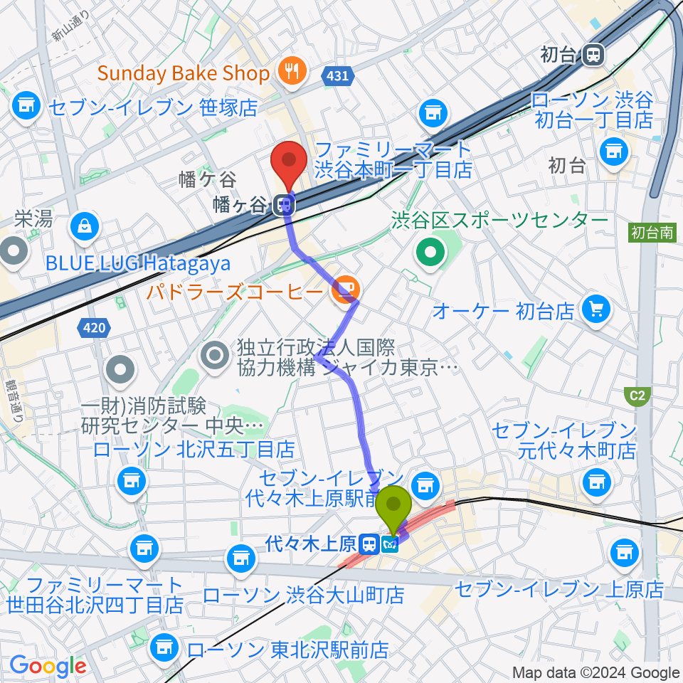 代々木上原駅から幡ヶ谷36°5へのルートマップ地図