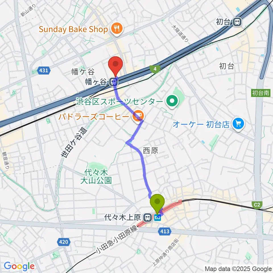 代々木上原駅から幡ヶ谷36°5へのルートマップ地図