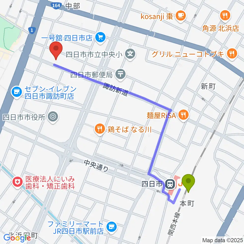 四日市駅から四日市シックスティシックスへのルートマップ地図
