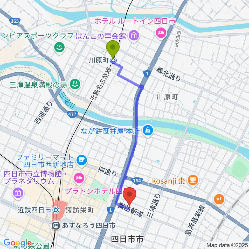 川原町駅から四日市シックスティシックスへのルートマップ地図
