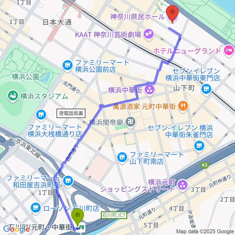 石川町駅から神奈川県民ホールへのルートマップ地図