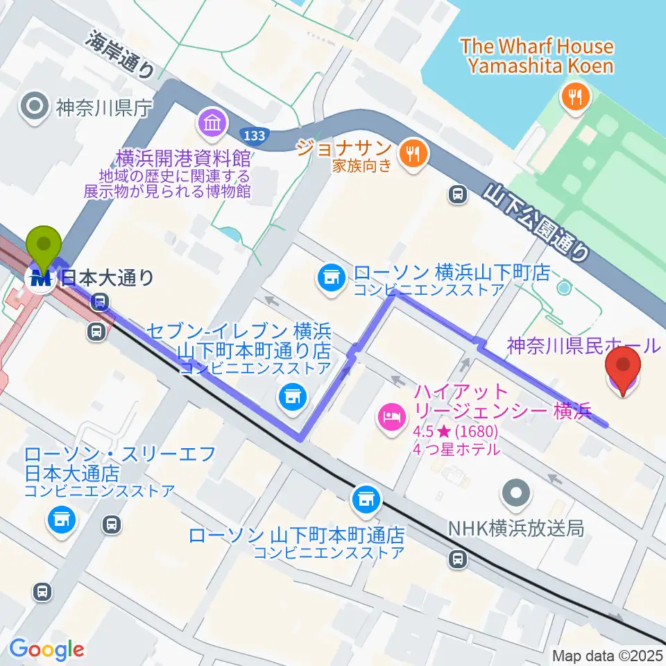 神奈川県民ホールの最寄駅日本大通り駅からの徒歩ルート（約7分）地図