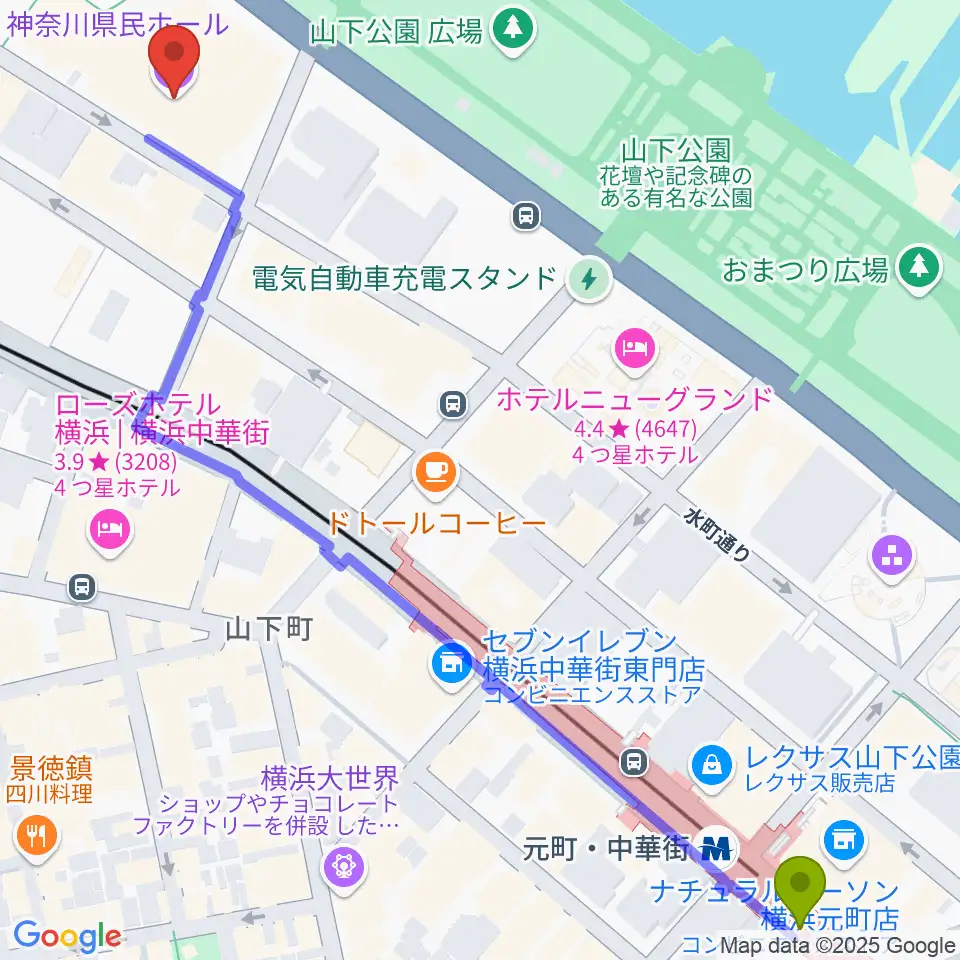 元町・中華街駅から神奈川県民ホールへのルートマップ地図