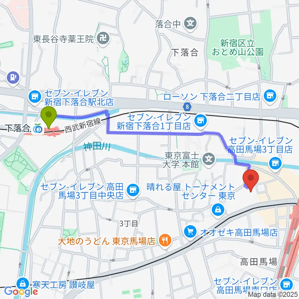 下落合駅から専門学校ESPエンタテインメント東京へのルートマップ地図