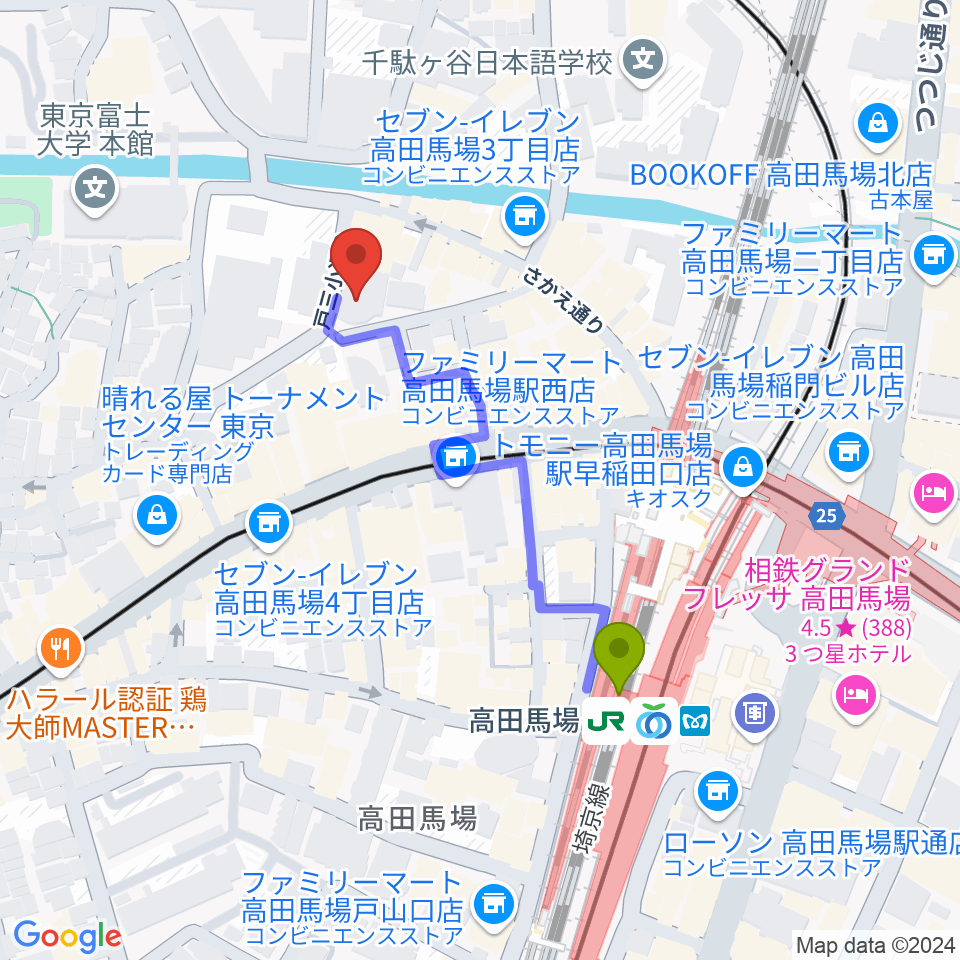 ESPエンタテインメント東京 12号館club 1ne2woの最寄駅高田馬場駅からの徒歩ルート（約4分）地図